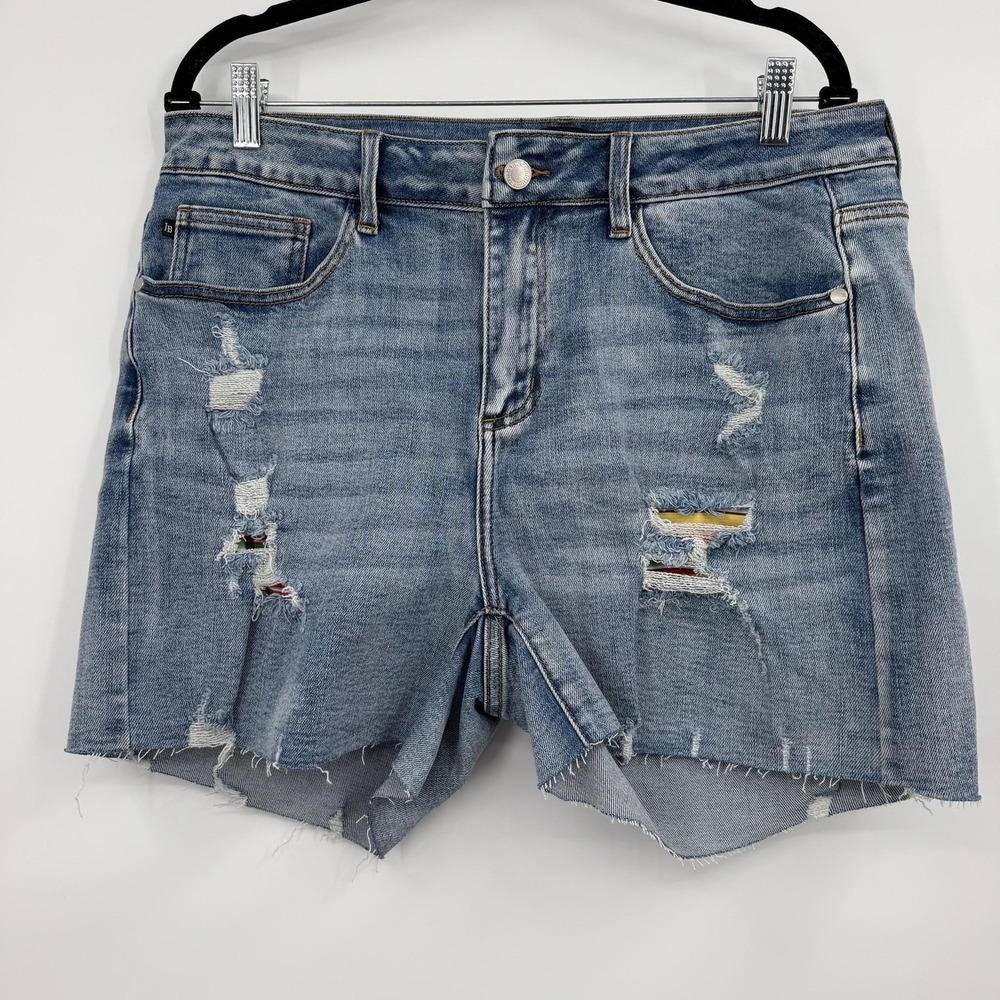 Judy Blue Bermuda Womens 1X Blue Denim Distressed Fringe 5-Pocket Stretch